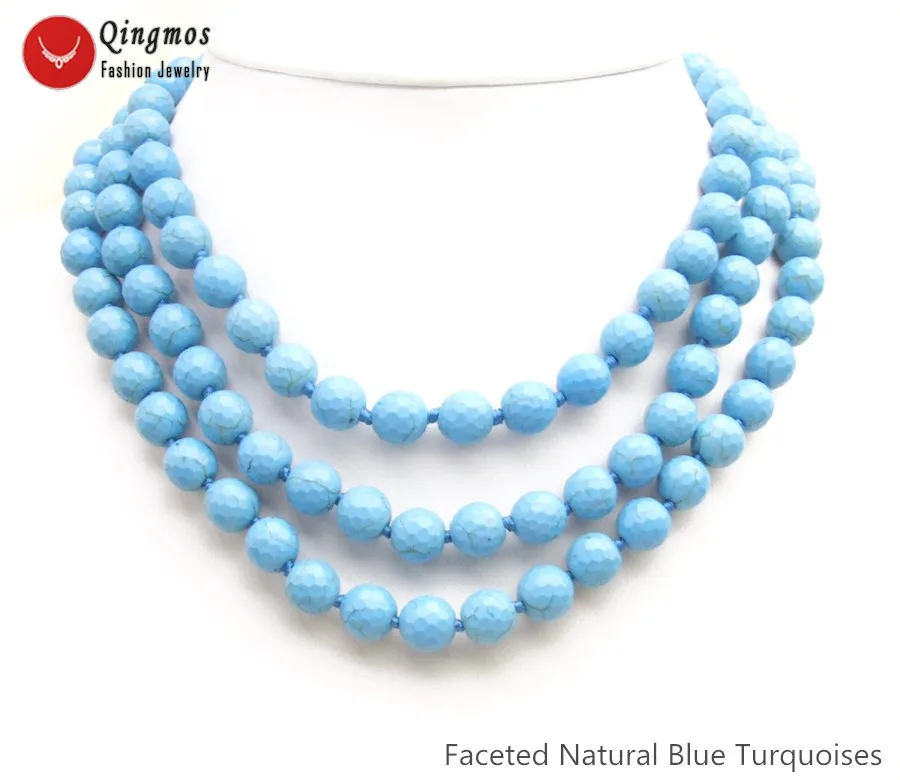 Qingmos Natural Turquoises Necklace for Women with 3 Strands 10mm Blue Round Faceted Turquoises Stone Necklace Jewelry nec6507