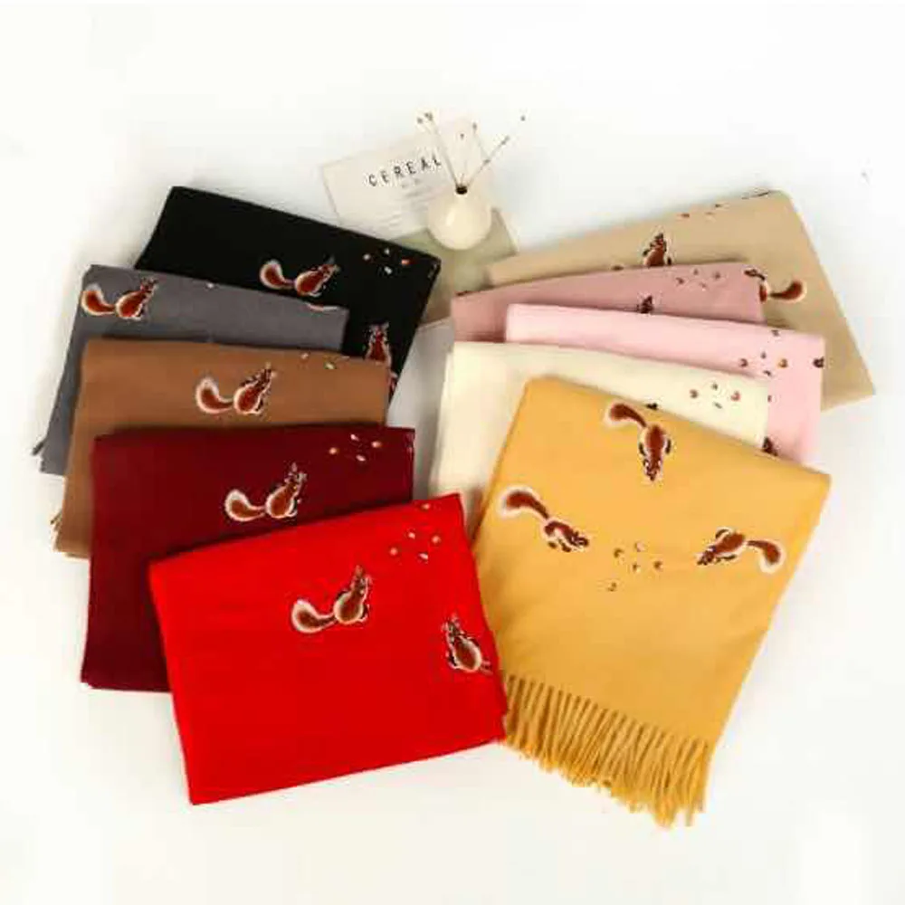 YOUHAN 2022 Luxury Winter Scarf Women Warm Cashmere Squirrel Embroidery Scarves Shawl Wrap Blanket Hijab Scarf Drop Shipping