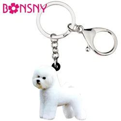 Bonsny Acrylic Sweet Bichon Frise Dog Key Chains Keychains Rings Animal Jewelry For Women Girls Ladies Handbag Car Purse Charms