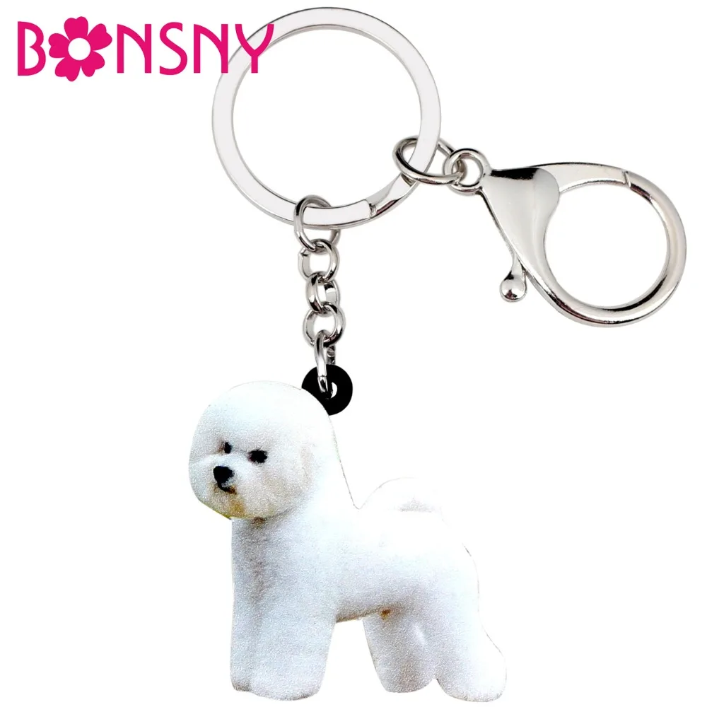 Bonsny Acrylic Sweet Bichon Frise Dog Key Chains Keychains Rings Animal Jewelry For Women Girls Ladies Handbag Car Purse Charms