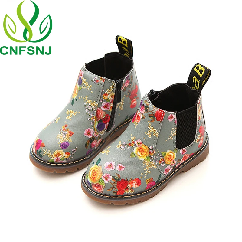 CNFSNJ new spring winter Girls Boots Floral Martin Boots 21-36 Kids Rubber Sole Graceful Flower Print PU Leather Bottes sneakers