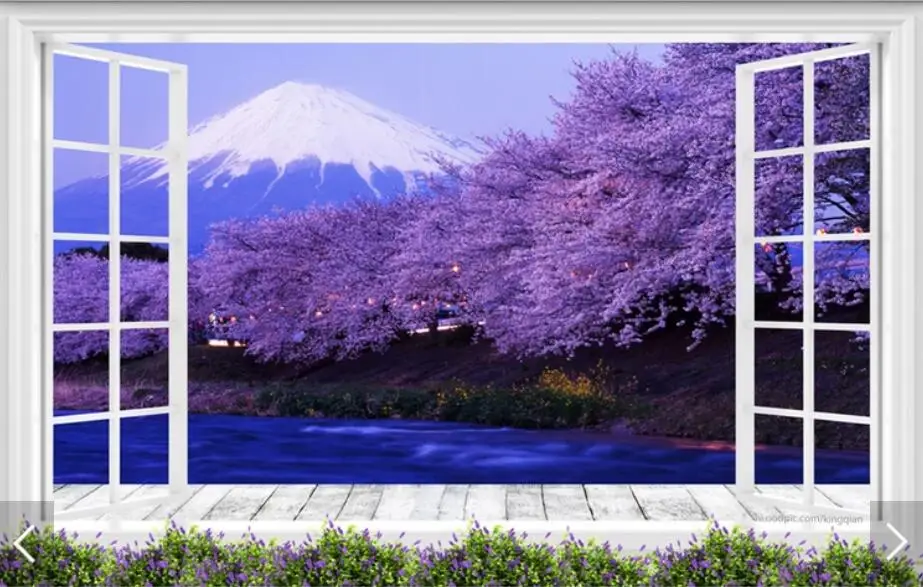 Mount Fuji Cherry Blossom Window Wall Mural Photo paper for Living Room Backdrop  Paper  Decor Sakura Floral Murals