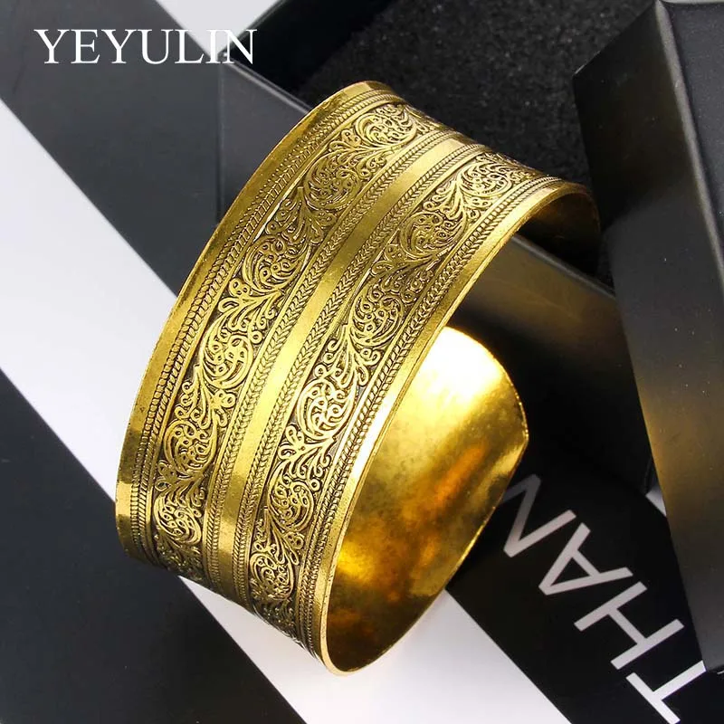 Tibetan Jewelry Retro Gold Color Flower Pattern Bangle For Woman Wide Opening Bracelet & Bangle Gift