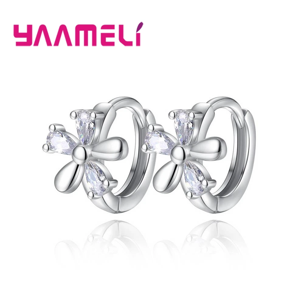 

Cute CZ Flower Earrings Fine 925 Sterling Silver with AAA Cubic Zircon Stone Inlay Paved Hoop Loop Jewelry for Women