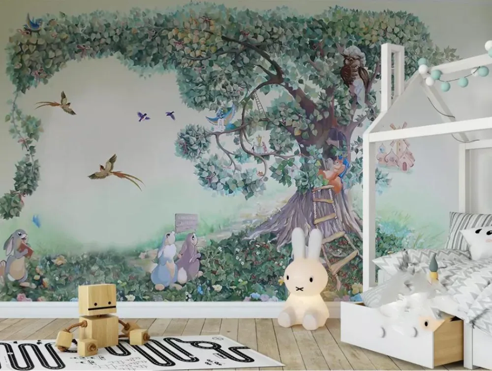 

Hand painted tree rabbit squirrel bird children's bedroom background wall