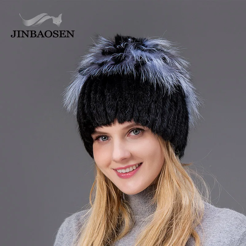 JINBAOSEN Woman Winter Fur Fashion Real Fur Hat Mink Fur Rabbit Natural Fox Knit Wool Ski Hat Warm Ear Protection Travel Hat