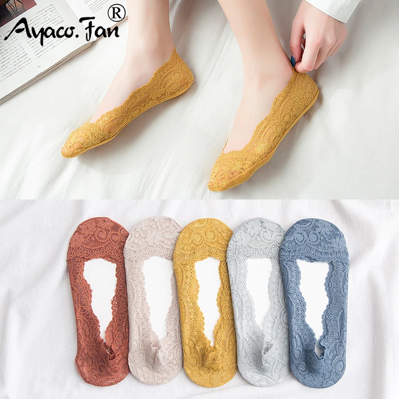 5 Pairs/Lot Women Lace Sock Slippers 2019 Summer New Cute Solid Hollow Out Boat Socks for Female Lady Soft Low Invisible Socks