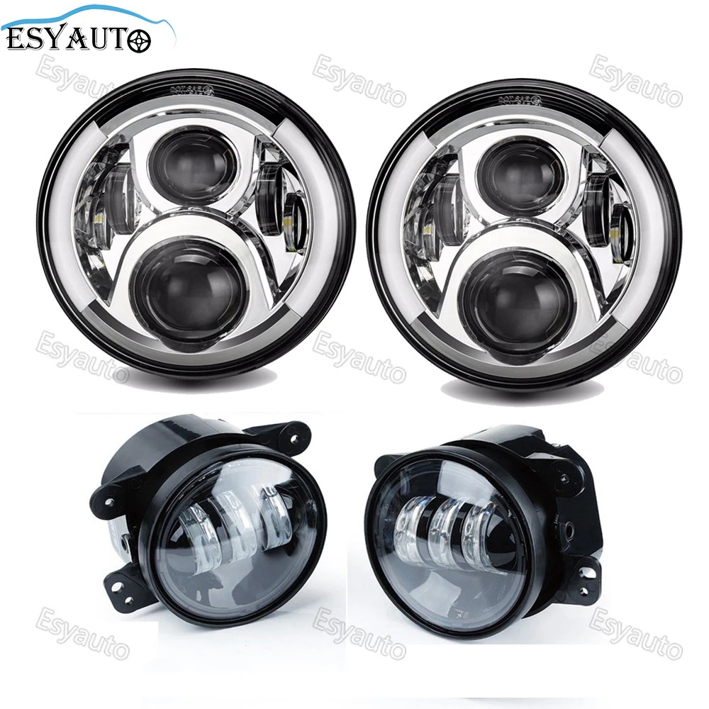 7'' inch headlamp DOT Approved Round LED Headlights 4 inch LED Passing Fog Lights H4 Plug for Jeep