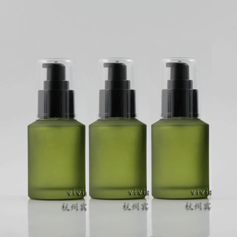 

60ml olive green frosted Glass lotion bottle with black plastic lotion pump and clear lid , glass cosmetic bottle for liquid