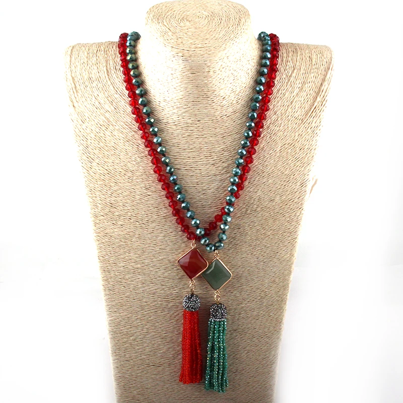 Fashion Bohemian Jewelry Red/Green Glass Crystal Knotted Crystal Tassel Necklaces For Women Ethnic Necklace