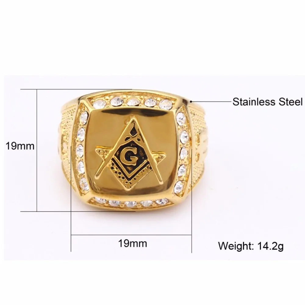 316L Stainless Steel Cool Gold Color Freemason Ring Men Hip Hop Iced Out Bling Crystal Masonic Rings Fashion Jewelry