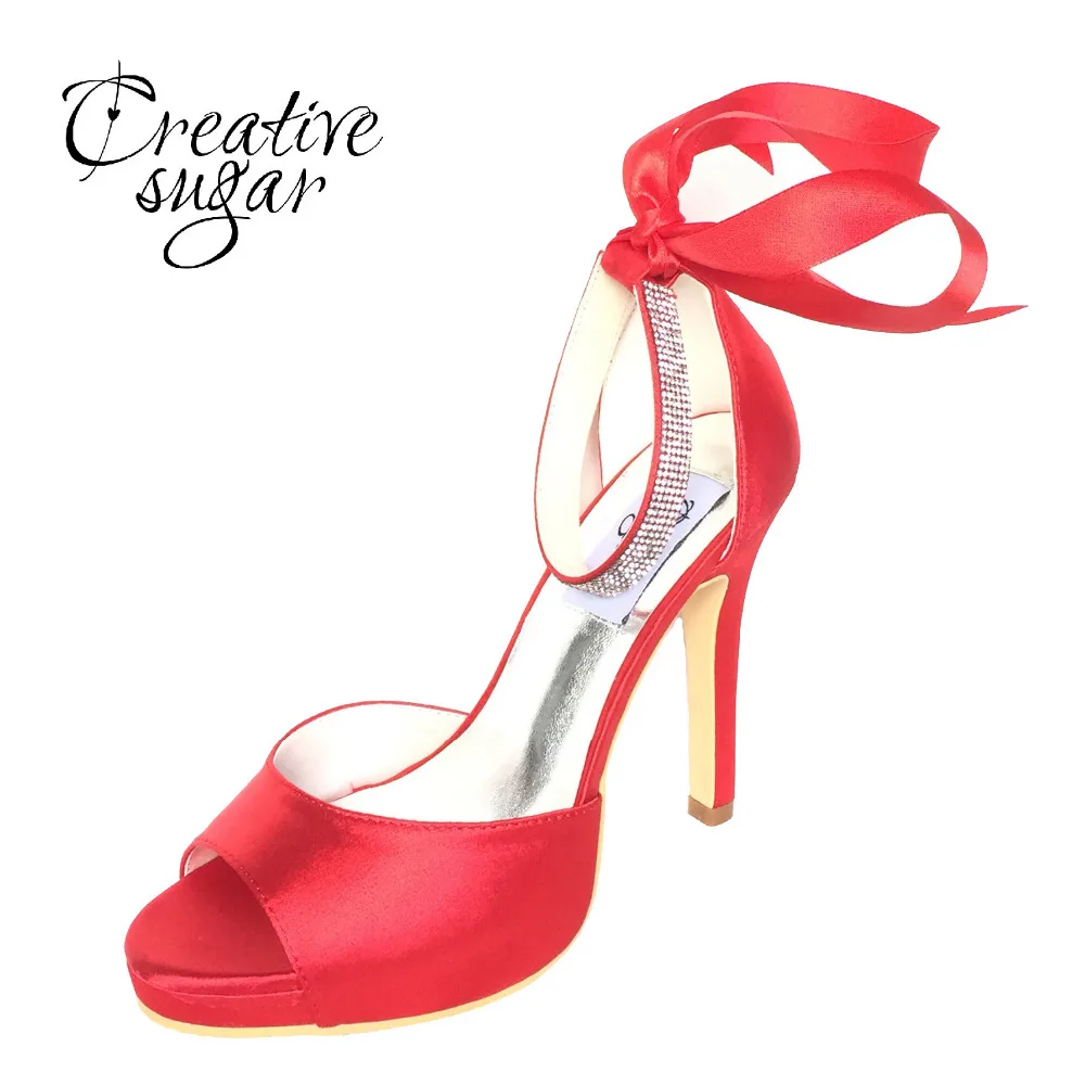 Creativesugar-zapatos de tacón elegantes de satén para mujer, calzado de vestir de noche con diamantes de imitación, Punta abierta, correa en el tobillo, lazo, fiesta, boda, azul y rojo