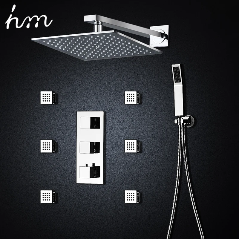 

hm Bathroom Thermostatic Shower System 10Inch Square Rainfall Shower Head Wall Mounted 3 Ways Rain Shower Set Massage Body Jets