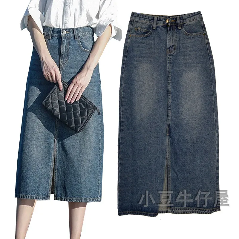 Free Shipping 2019 New Fashion High Waist Long Maxi A-line S-XL Plus Size Denim Jeans Spring And Summer Women Skirts With Slit