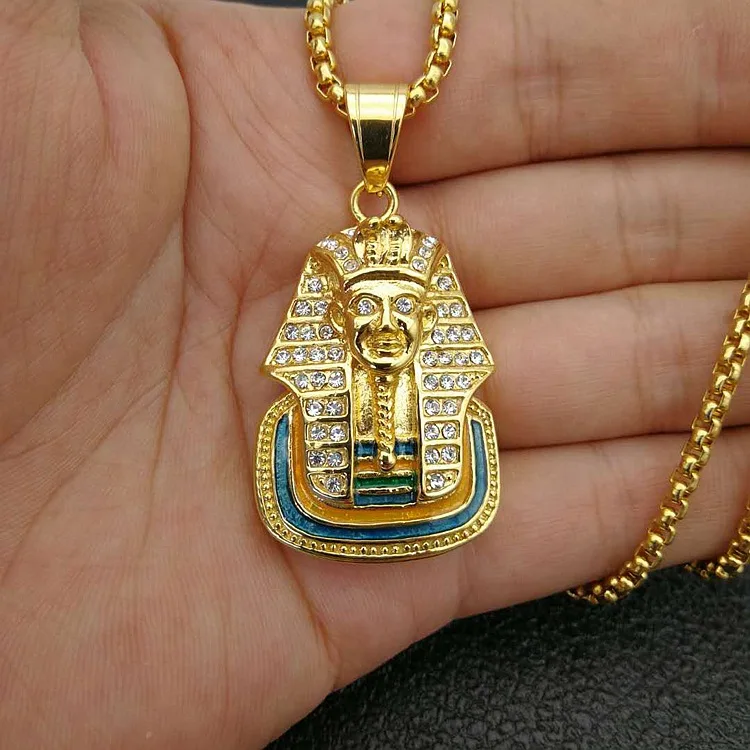 Punk Silver Gold Color Ancient Egypt King Tut Pharaoh Pendant Necklace zircon Cuban Chain Stainless Steel Men\'s Hip Hop Bling