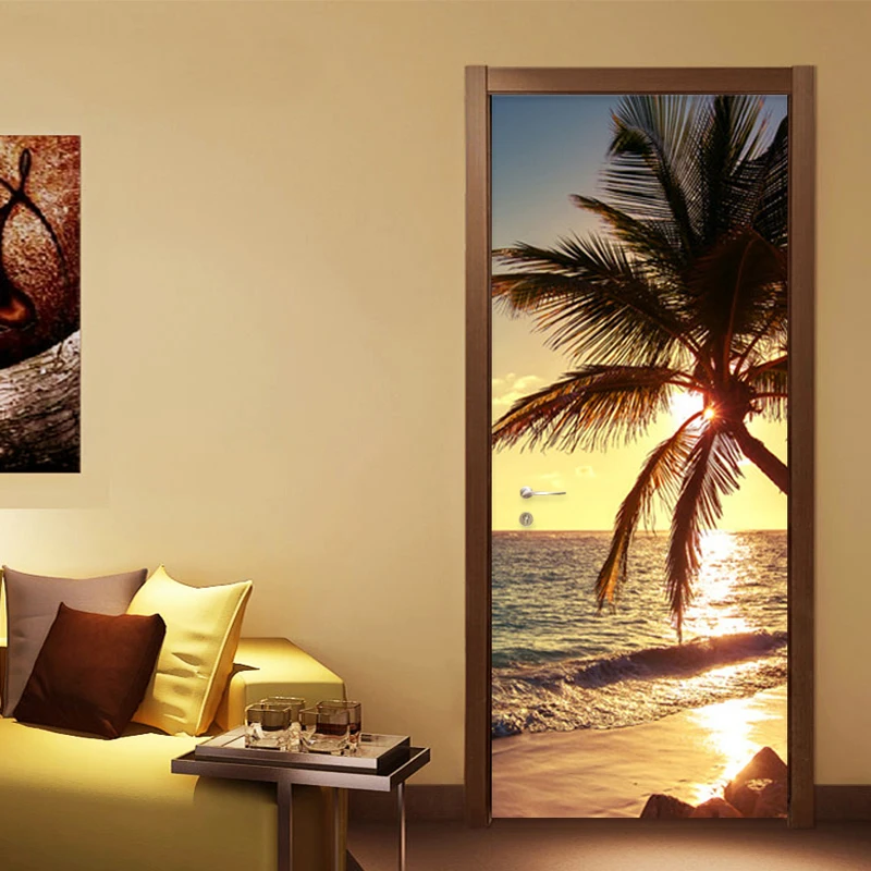 

Beach Coconut Tree Door Sticker Living Room Dining Room Romantic Home Decor Paste PVC Self-Adhesive Waterproof Stickers