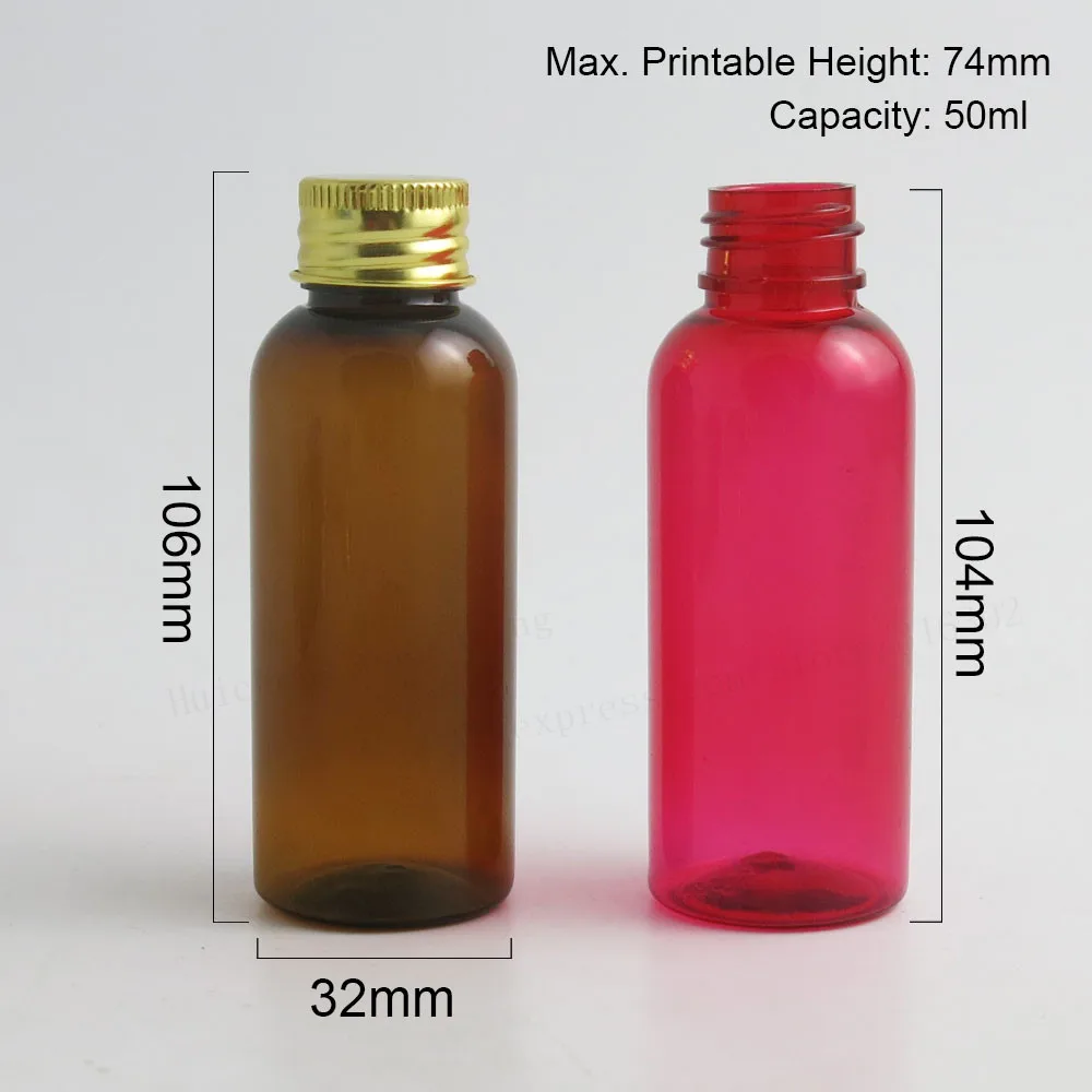 50 x 50ml Empty PET Dispensing Bottle With Aluminum Cap 50cc Cosmetic Cream Containers Amber Blue Green Red Pink White Clear