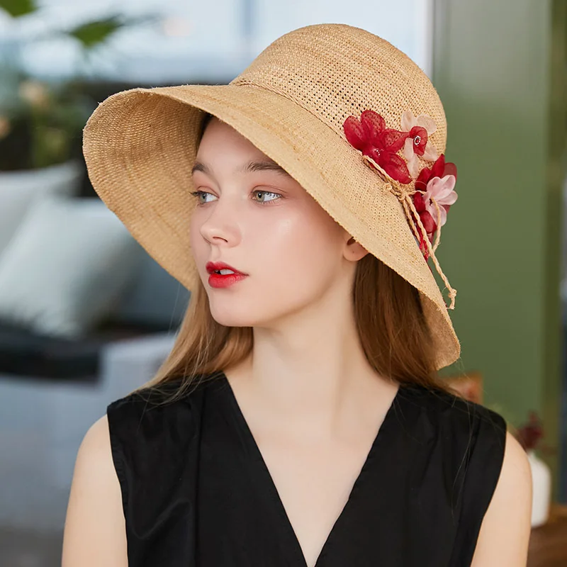 

Raffia Sun Hat Girl Summer Flower Beach Sunscree Cap Female Shopping Trip Crochet Sunshade Hats Women Seaside Elegant Caps H6563