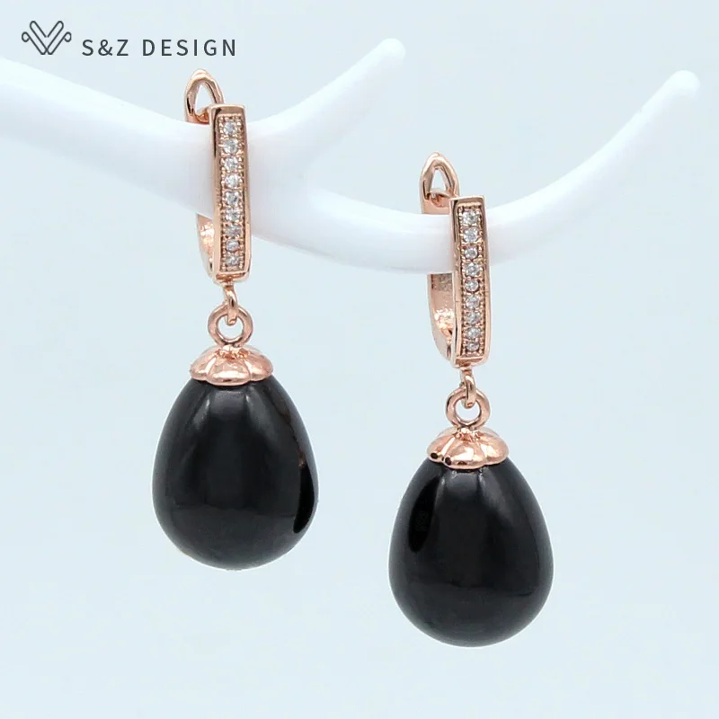 S&Z DESIGN New Imitation Pearls Water Drop Earrings For Women Wedding Party Fashion Cubic Zirconia 585 Rose Gold Color Jewelry