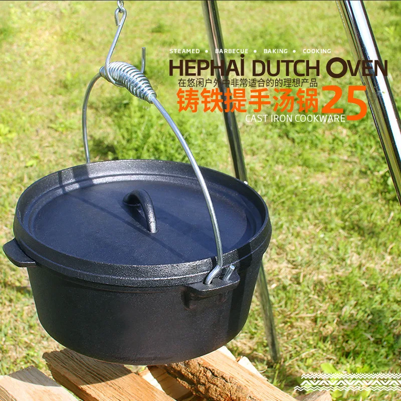 New cast iron pot stew  soup  outdoor picnic water   roast chicken pig  hot