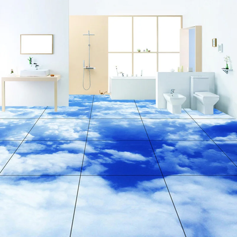 Custom 3D Floor Wallpaper Modern Blue Sky White Clouds Wear Non-slip Waterproof Thickened Self-adhesive PVC Floor Sticker Mural