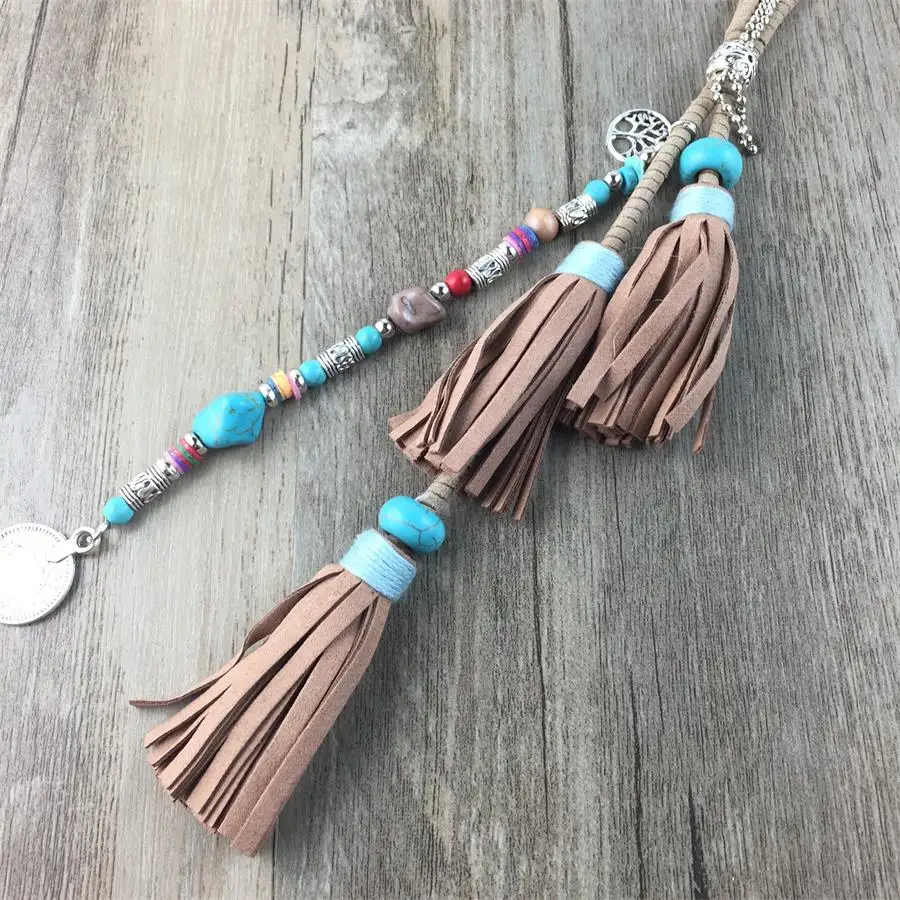 Gypsy Ethnic Vintage Silver Beads Multi latter Tassel Pendants Long Maxi Necklace Leather Cord chain Layers Statement Necklace