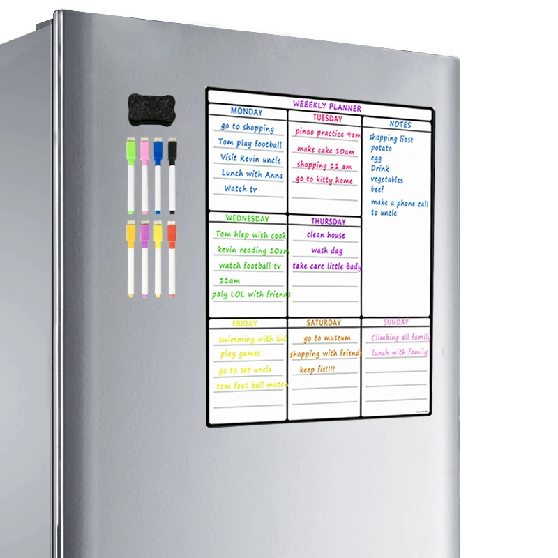 Hivillexun-Folha Magnetic Whiteboard para Geladeira, Multipurpose Frigorífico, Weekly White Board, Calendário para Menu com 8 Marcadores