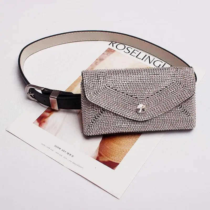 New Fashion Waist Bag Glitter Full Diamond  Dark Buckle Pu Leather Belt Pockets Belt Ladies Dual-use Three Optional Tide Bag 729