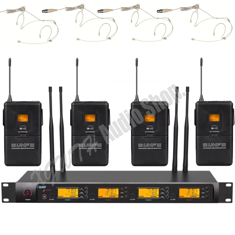 

UHF 4x100 Channel Digital Wireless Microphone Mic System 4 Body-pack Transmitter with 4 Beige Headset Mic or 4 Handheld Mics