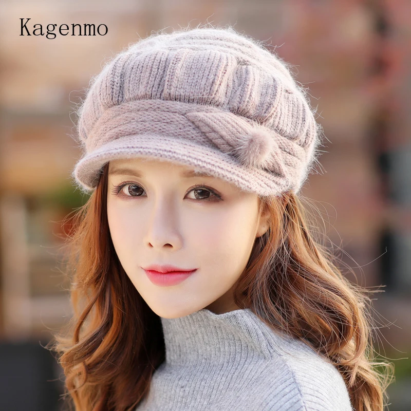 Kagenmo Cap And Scarf Twinset Warm Winter Keep Warm Accessories Rabbit Fur Knit Women Hat Outdoor Windproof Thermal Scarf