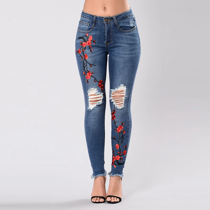 High waist jeans with floral embroidery for women, long denim pants, light blue, casual, fashion, summer