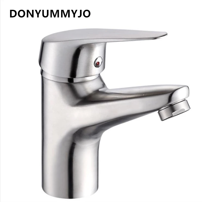 DONYUMMYJO 1pc 304 Stainless Steel Finished Brushed Single Hole Washbasin Hot and Cold Water Mixer Basin Tap With 2 Hoses