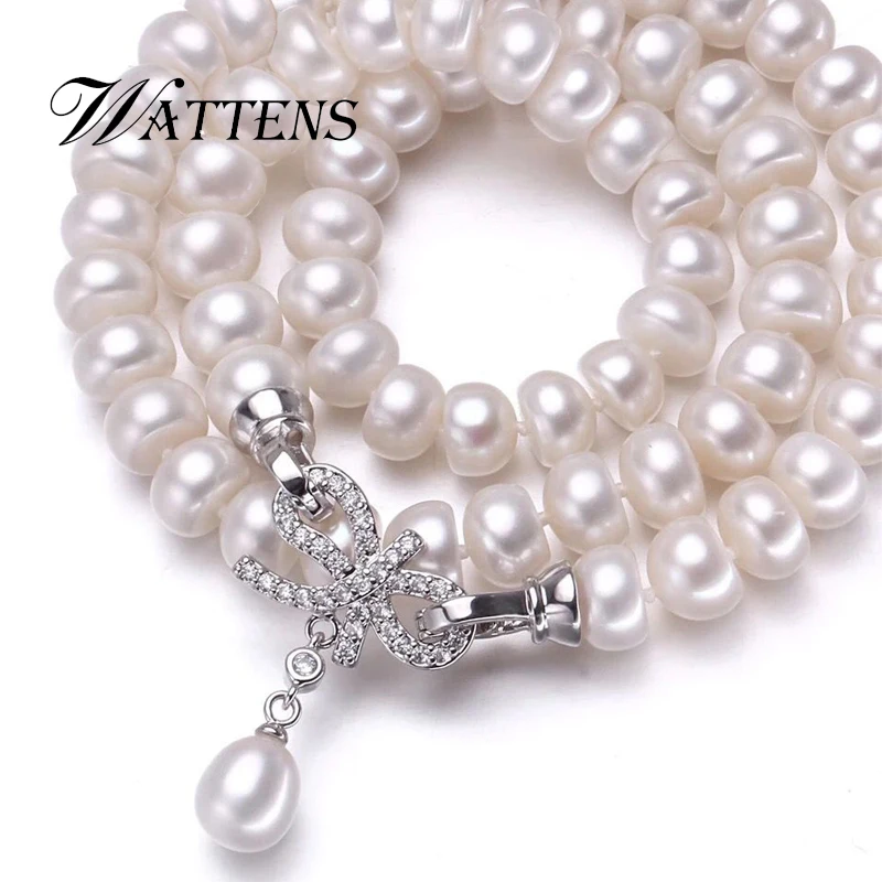 

WATTENS Bowknot charm White Pearl Necklace 925 Sterling Silver Jewelry Natural Pearl Jewelry Women wedding/birthday/Party /gift