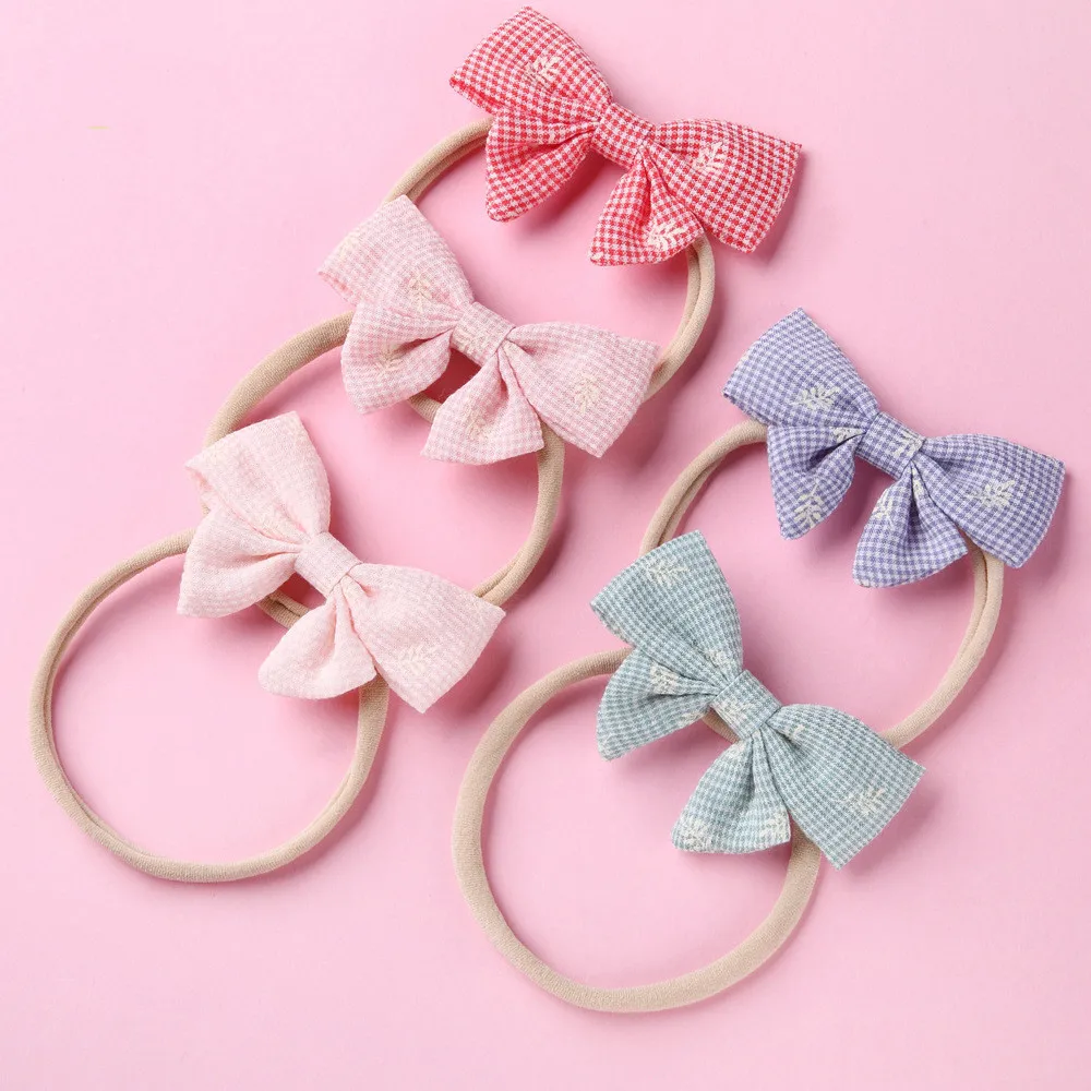 Boutique 20Pcs Fashion Cute Floral Print Bow Super Soft Hairbands Solid Plaid Fabric Bowknot Nylon Headbands Princess Headwear