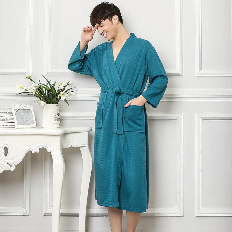 New Men Robe Spa Home Dress Chinese Waffle Nightwear Solid Sleepwear Male Nightgown Kimono Bathrobe Gown Plus Size M XL XXXL