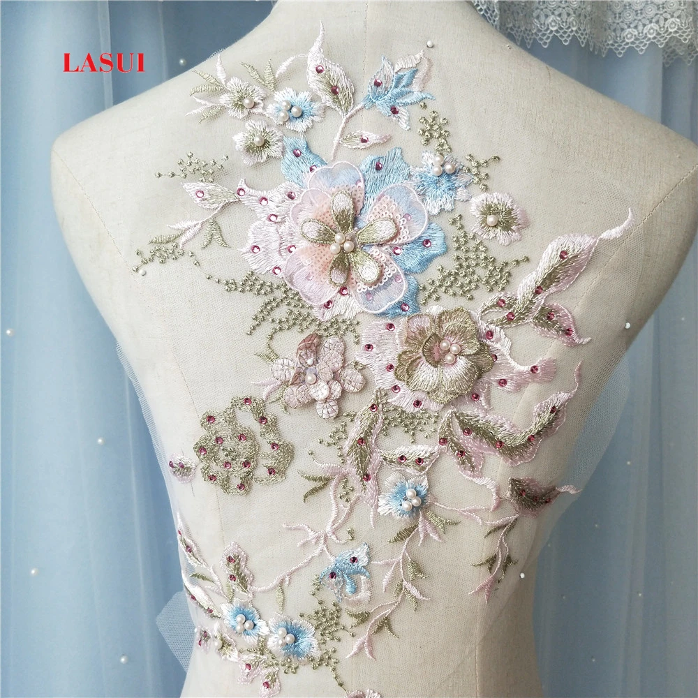 LASUI  35 cm*28 cm  Beautiful delicate 3D beaded sequins bedazzle paste diamond lace applique DIY dress cap decoration 0190