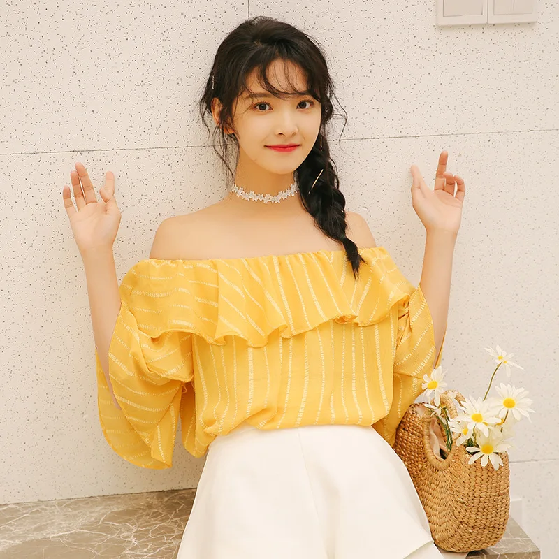 Strapless Short Sleeve Chiffon Shirt Women's Summer Slash Neck Sweet Chic Blouse Top Girl Flare Sleeves New Korean Shirts H9158