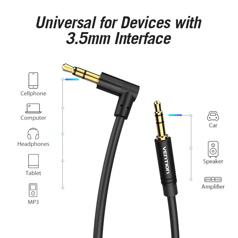 Vention 3.5mm Jack Audio Cable 3.5 kabel męski do męskiego Audio 90 stopni kątowy przewód AUX do słuchawek samochodowych MP3/4 przewód Aux 1m