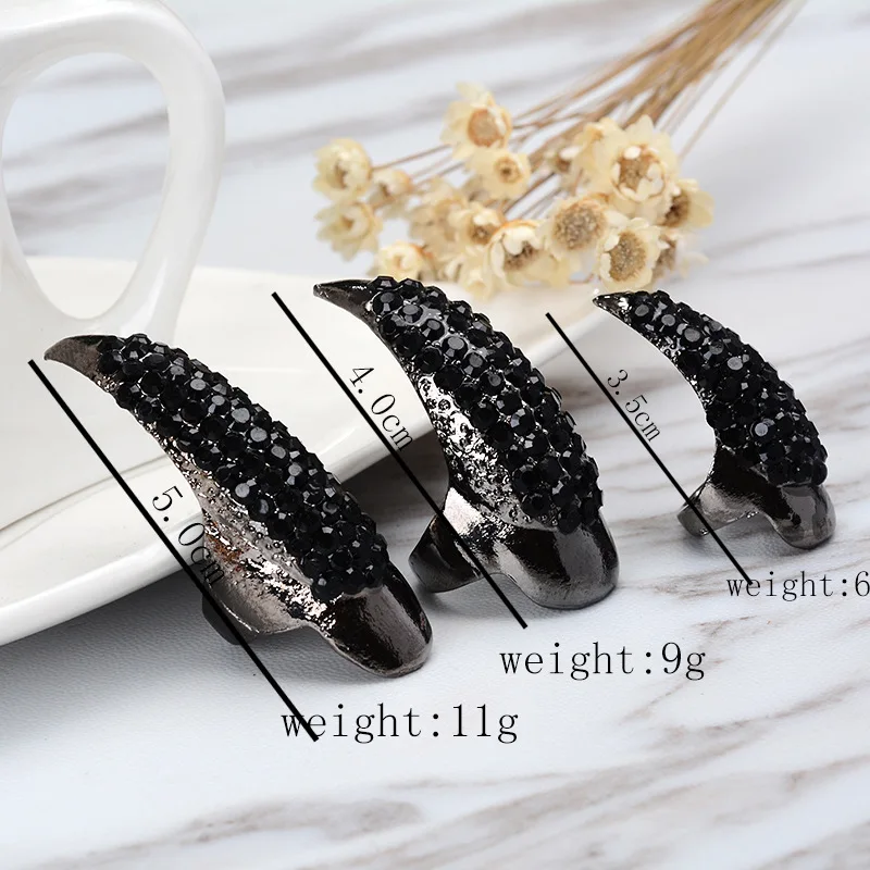 1PC Punk Rock Full Rhinestone Crystal Long Large Cat Claw Nail Ring Sharp Paw Talon Finger Rings 3 Sizes Black Gold Colors 2R135