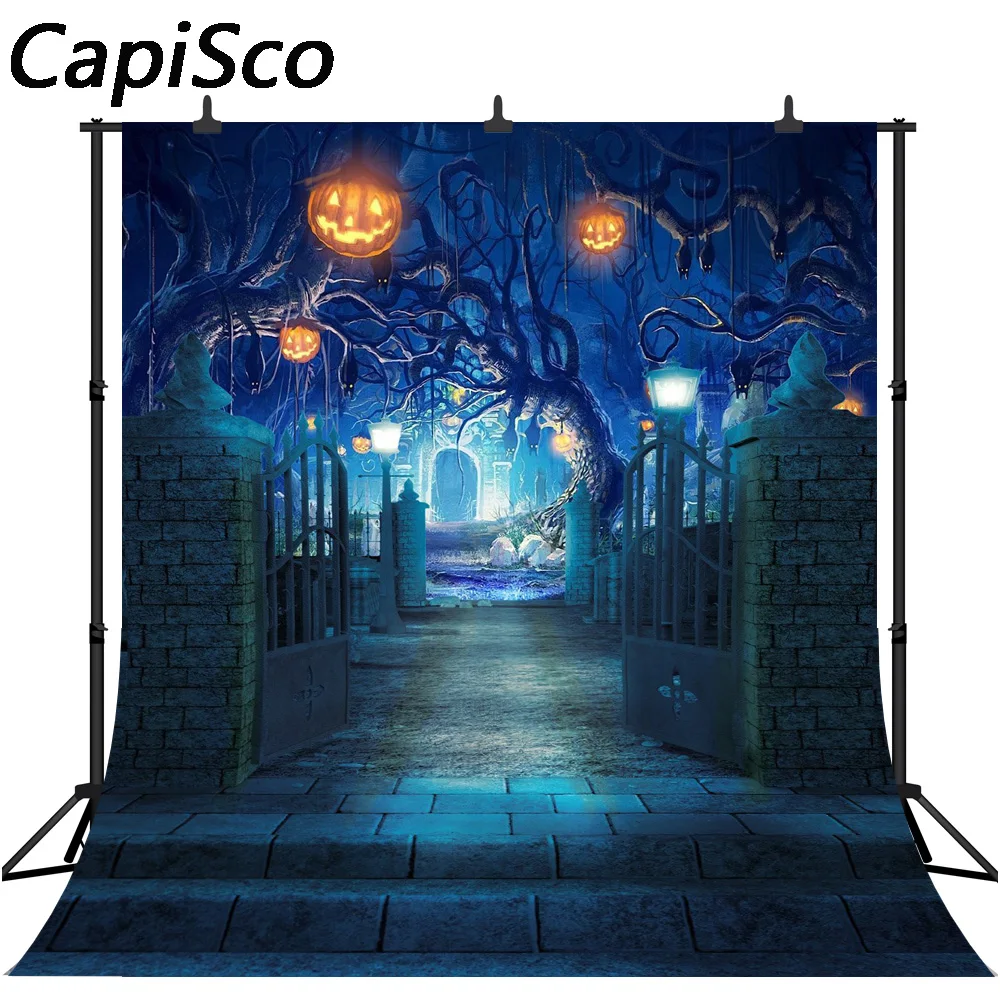 Capisco Halloween Photography Backdrop Night Spooky Forest Pumpkin Lantern Dead Trees Cemetery Background Photo Booth Prop