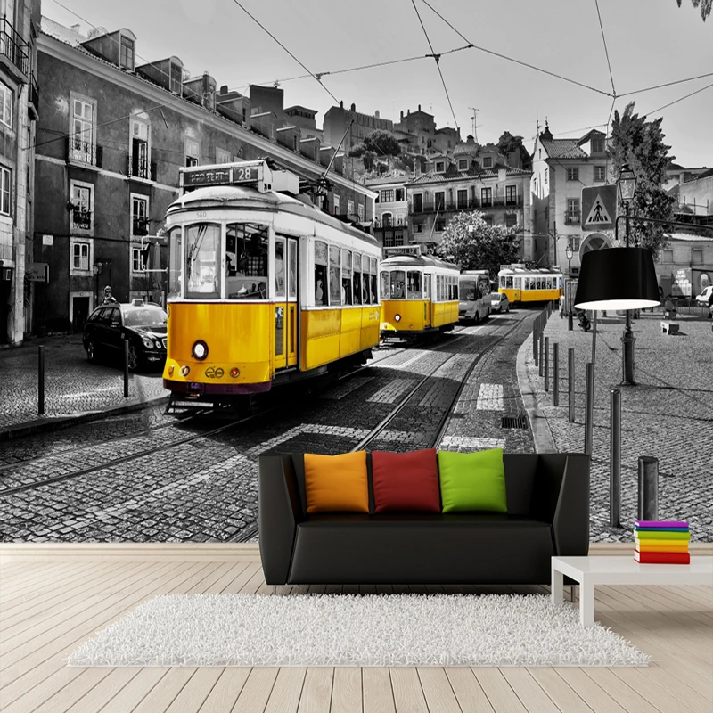 Aangepaste elke maat 3D muurschildering Retro Europese straat gele straatwagen zwart-wit stadsgebouw behang café restaurant 3D decor