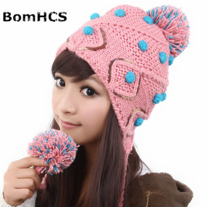 BomHCS 4 Colors Cute Soft Ear Muff Knitted Beanie Hat Women Winter Warm Color Matching Peas Cap