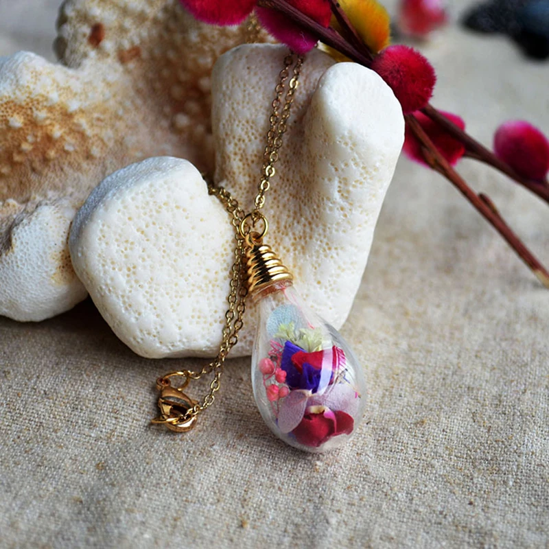 Babysbreath Rose Forgetmenot Hydrangea Drop Glass Pendant Gold Color Chain Long Necklace Women Boho Fashion Jewelry Handmade