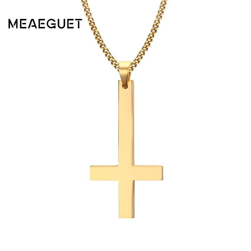 Meaeguet Stainless Steel Upside Down Cross Inverted Cross of St Peter Pendant Necklace Lucifer Satan Satanism Gothic jewelry