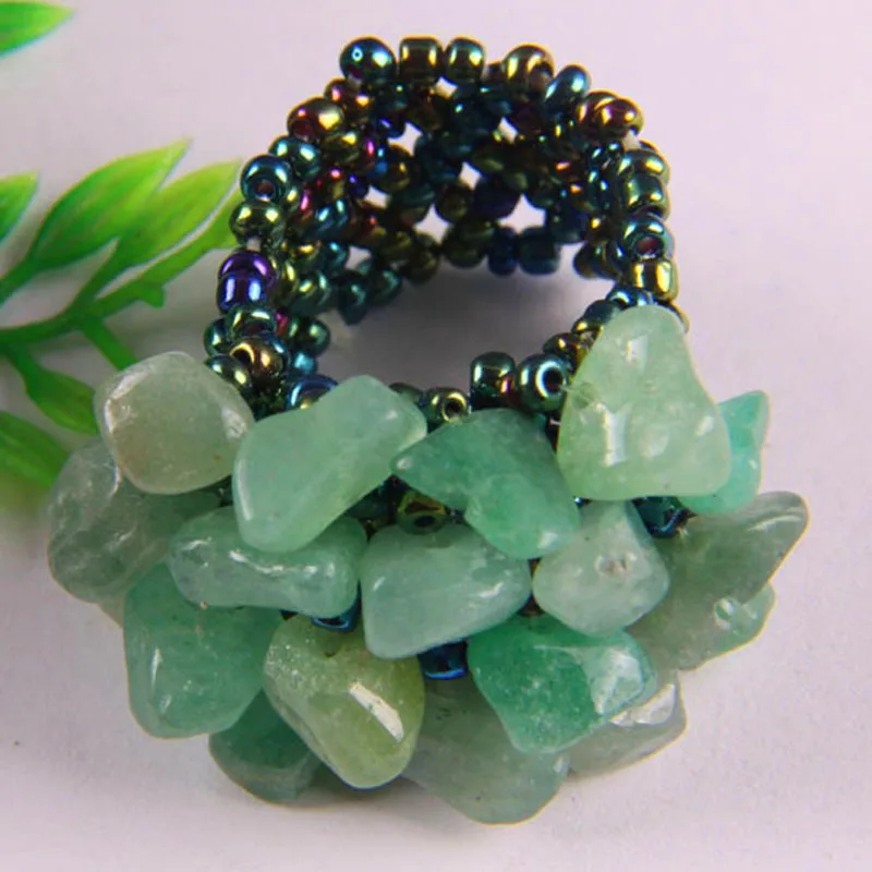 Elastic Green Aventurine Bead Finger Ring Size 8-9 X011