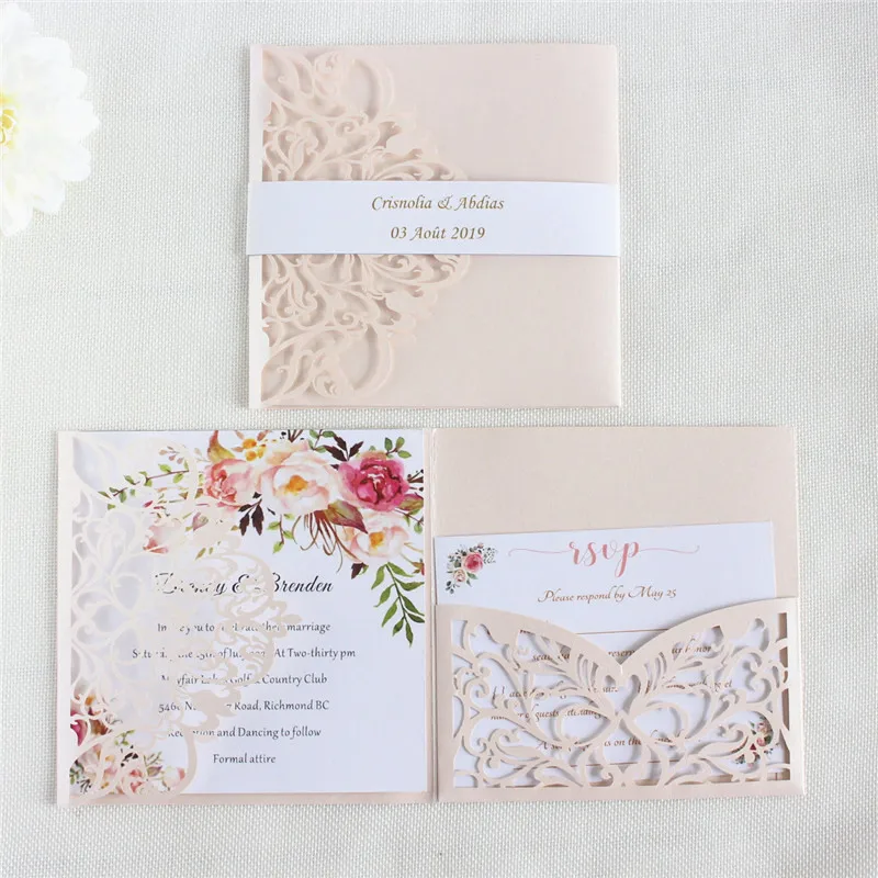 

Elegant Invitation Card Wedding Marriage Soft Pink Pearl Paper Pocket Fold Customized Printing 50pcs