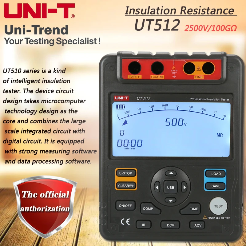 

UNI-T UT512 Insulation Resistance Tester 2500V Automatic Range Digital Megohmmeter Data Storage Polarization Index LCD Backlight