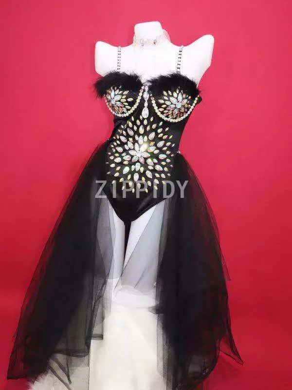 Mode Sexy Mehrfarbige Strass Schwarz Rosa Mesh Schwanz Body frauen Diamanten Outfit Bar Zeigen Sänger Tänzer Kleidung