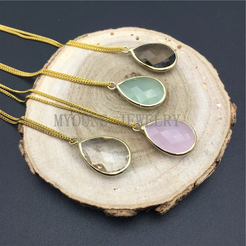 

MY0919 Mix Colors Faceted Teardrop Bezel Gold Pendant Charm Gold Chain Necklace kolye