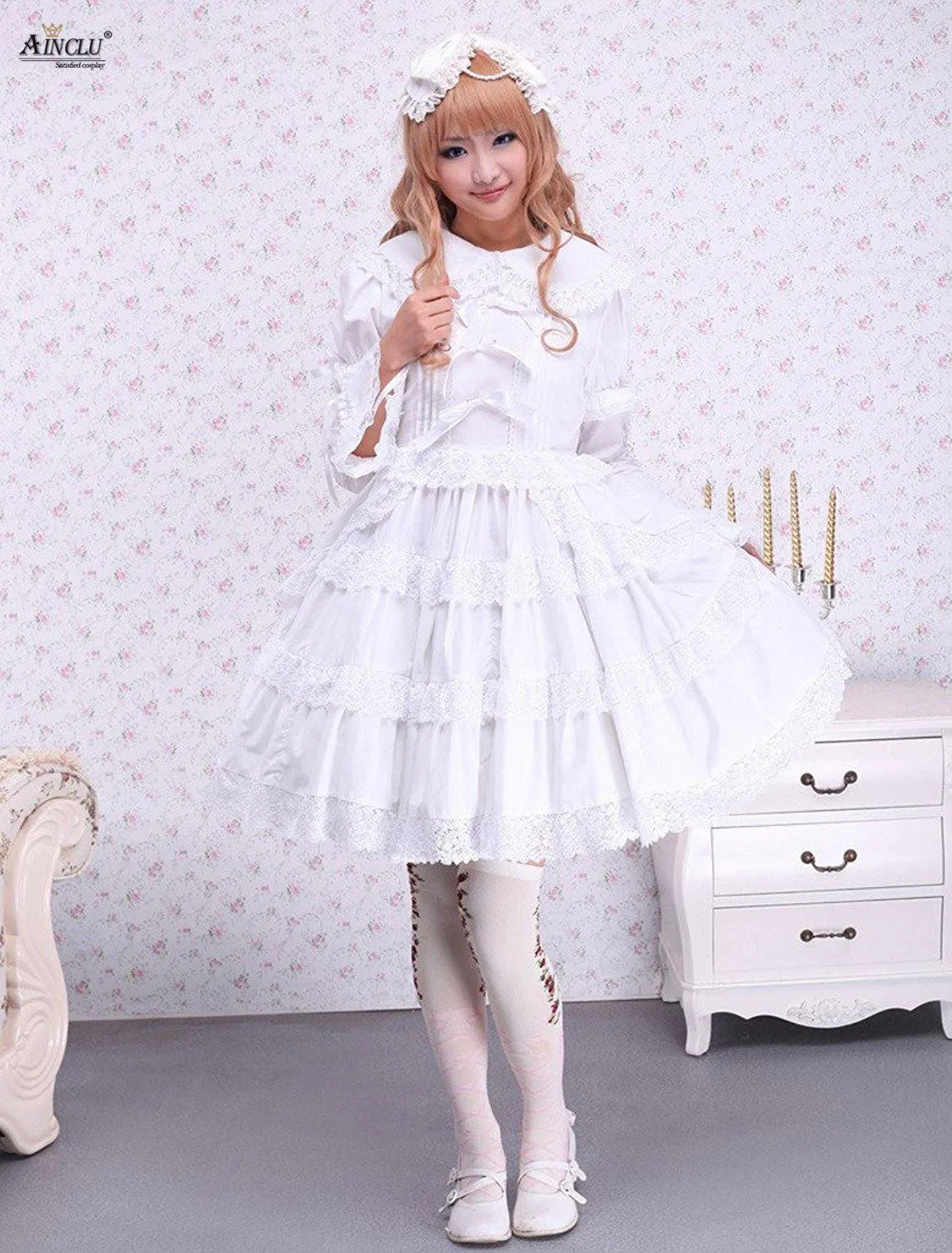 Ainclu – robe mi-longue en dentelle blanche XS-XXL, coton de haute qualité, nœud en dentelle, ligne a, douce, Lolita, livraison gratuite pour fête/décontractée